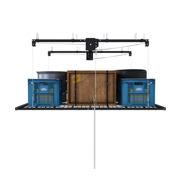 English Elm Overhead Garage Storage Rack with Crank Lift All Steel 350 Lb High Ceiling Mount W2700P494382