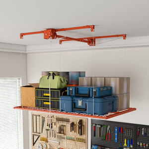 English Elm Orange Overhead Garage Storage Rack All Steel Crank Lowering Platform 350Lb Capacity W2700P494384