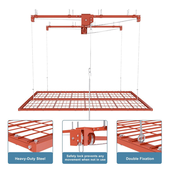 English Elm Orange Overhead Garage Storage Rack All Steel Crank Lowering Platform 350Lb Capacity W2700P494384