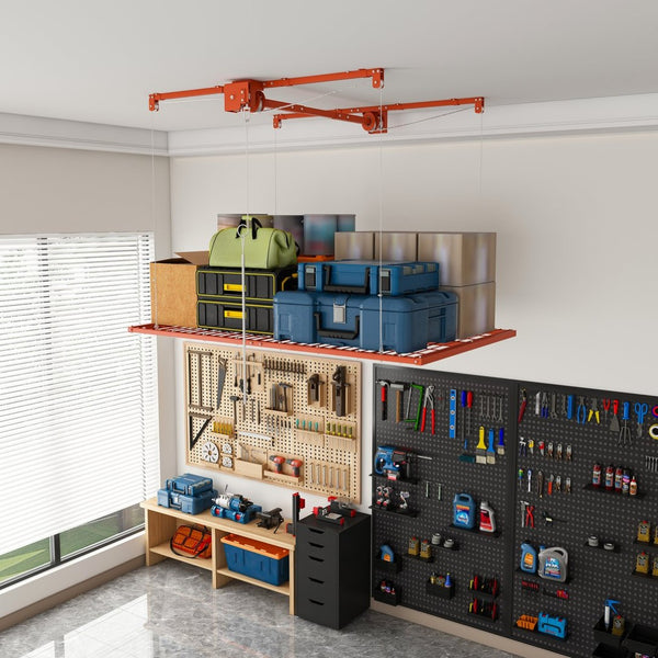 English Elm Orange Overhead Garage Storage Rack All Steel Crank Lowering Platform 350Lb Capacity W2700P494384
