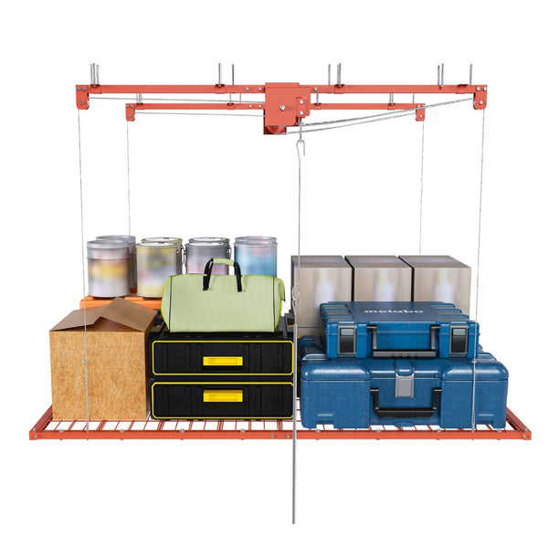 English Elm Orange Overhead Garage Storage Rack All Steel Crank Lowering Platform 350Lb Capacity W2700P494384