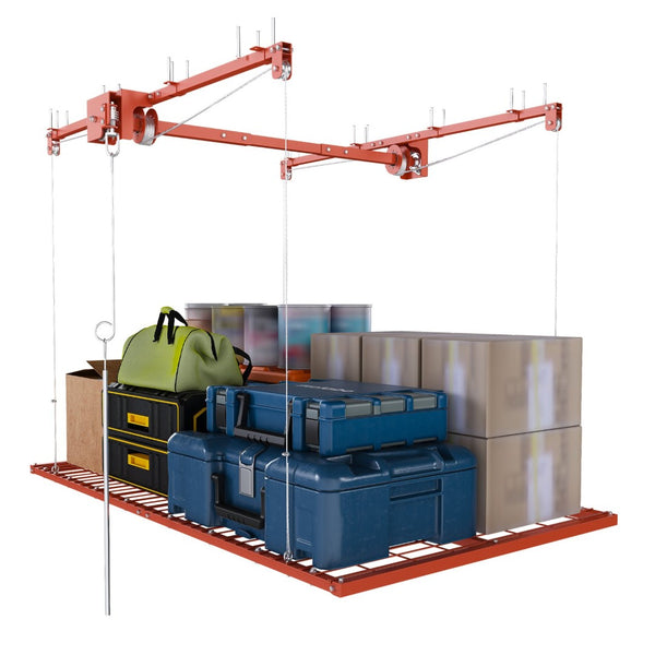 English Elm Orange Overhead Garage Storage Rack All Steel Crank Lowering Platform 350Lb Capacity W2700P494384