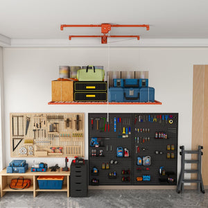 English Elm Orange Overhead Garage Storage Rack All Steel Crank Lowering Platform 350Lb Capacity W2700P494384