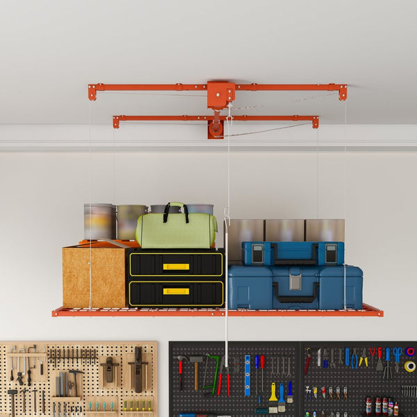 English Elm Orange Overhead Garage Storage Rack All Steel Crank Lowering Platform 350Lb Capacity W2700P494384