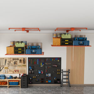 English Elm Orange Overhead Garage Storage Rack All Steel Crank Lowering Platform 350Lb Capacity W2700P494384