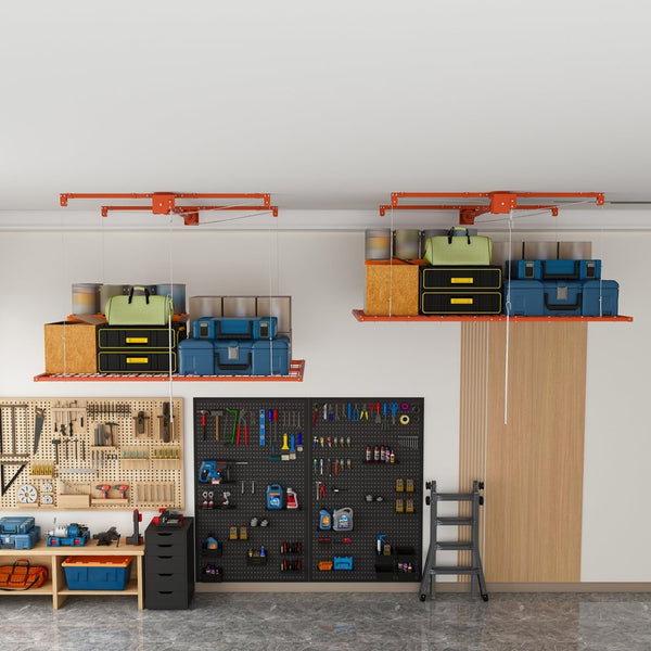 English Elm Orange Overhead Garage Storage Rack All Steel Crank Lowering Platform 350Lb Capacity W2700P494384