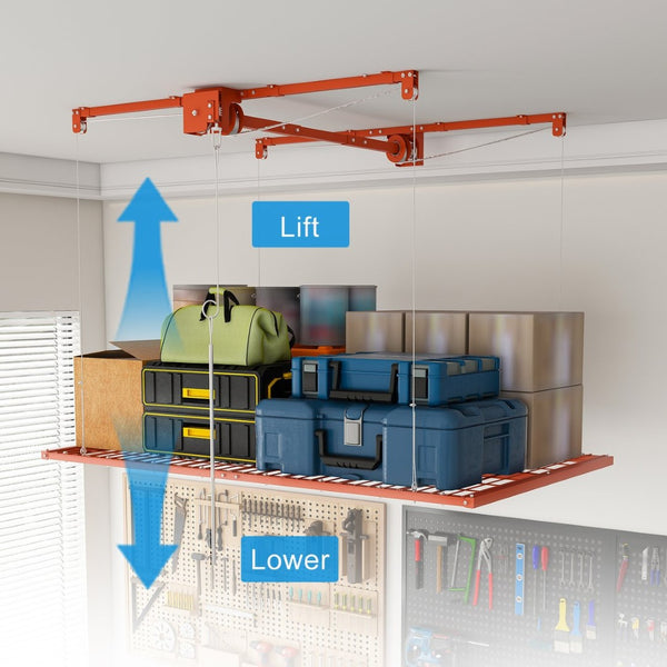 English Elm Orange Overhead Garage Storage Rack All Steel Crank Lowering Platform 350Lb Capacity W2700P494384