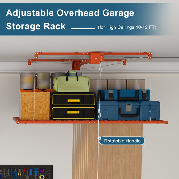 English Elm Orange Overhead Garage Storage Rack All Steel Crank Lowering Platform 350Lb Capacity W2700P494384
