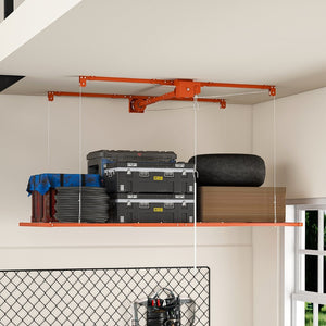 English Elm Orange Heavy Duty Steel Overhead Garage Storage Rack with Crank Lift and Safety Lock W2700P494385