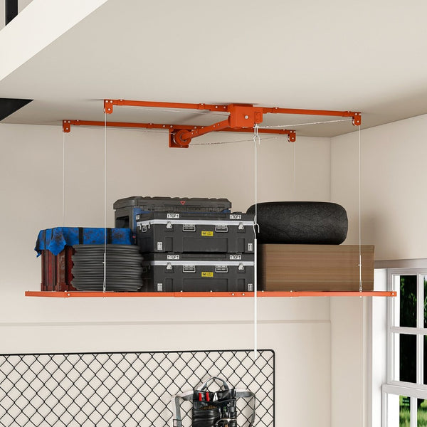 English Elm Orange Heavy Duty Steel Overhead Garage Storage Rack with Crank Lift and Safety Lock W2700P494385