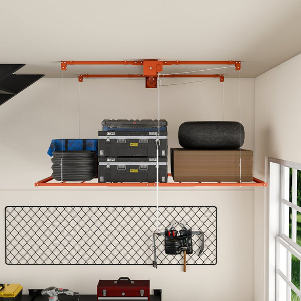 English Elm Orange Heavy Duty Steel Overhead Garage Storage Rack with Crank Lift and Safety Lock W2700P494385