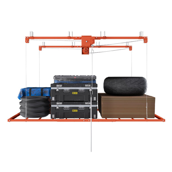 English Elm Orange Heavy Duty Steel Overhead Garage Storage Rack with Crank Lift and Safety Lock W2700P494385