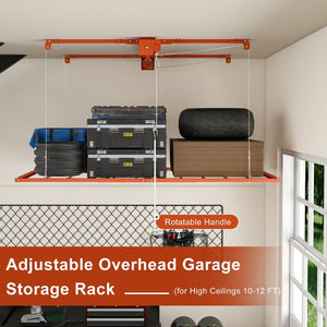 English Elm Orange Heavy Duty Steel Overhead Garage Storage Rack with Crank Lift and Safety Lock W2700P494385