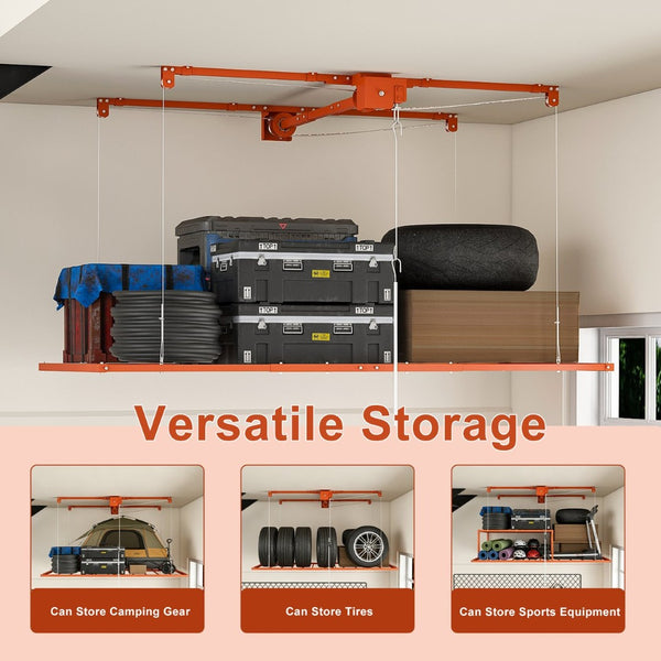 English Elm Orange Heavy Duty Steel Overhead Garage Storage Rack with Crank Lift and Safety Lock W2700P494385