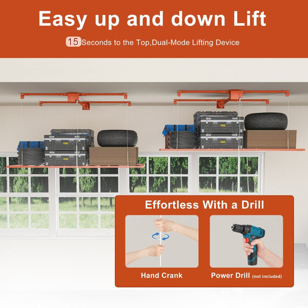 English Elm Orange Heavy Duty Steel Overhead Garage Storage Rack with Crank Lift and Safety Lock W2700P494385
