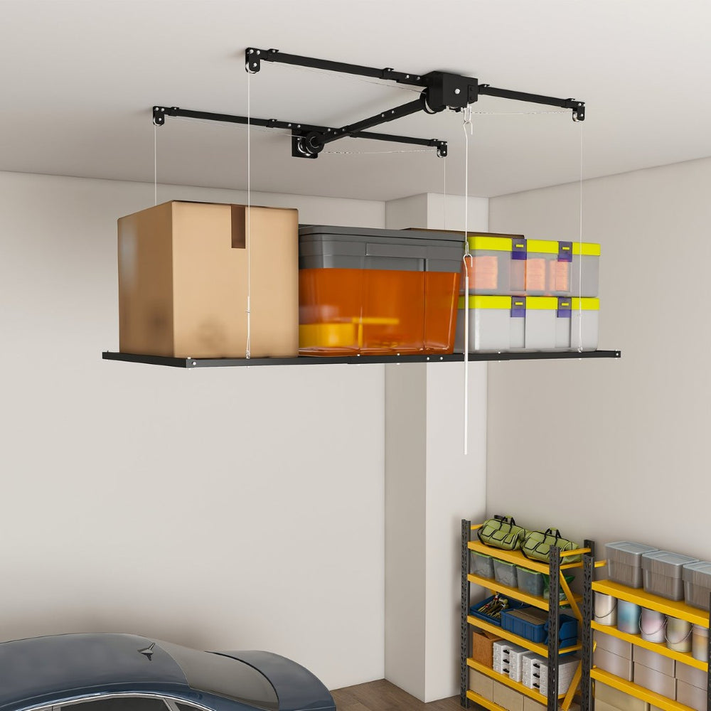 English Elm Black All-Steel Overhead Garage Organizer with Crank Lowering System and Safety Lock W2700P494387