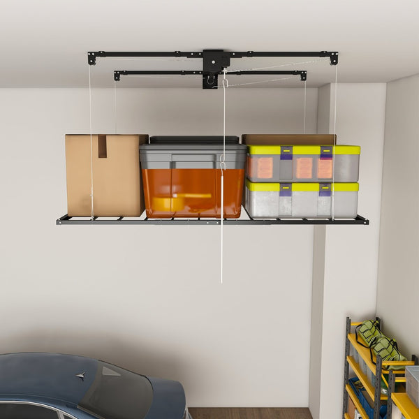English Elm Black All-Steel Overhead Garage Organizer with Crank Lowering System and Safety Lock W2700P494387