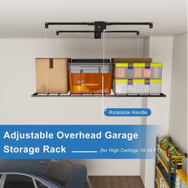 English Elm Black All-Steel Overhead Garage Organizer with Crank Lowering System and Safety Lock W2700P494387