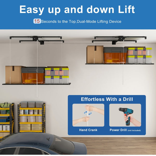 English Elm Black All-Steel Overhead Garage Organizer with Crank Lowering System and Safety Lock W2700P494387