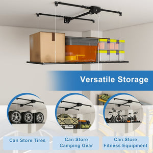 English Elm Black All-Steel Overhead Garage Organizer with Crank Lowering System and Safety Lock W2700P494387