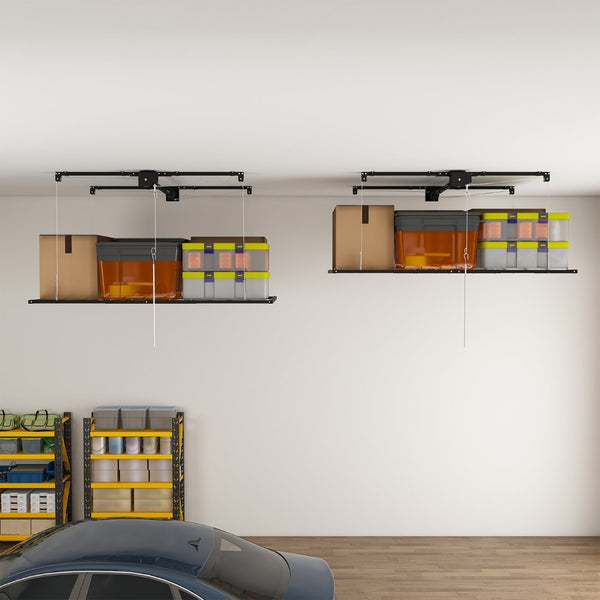 English Elm Black All-Steel Overhead Garage Organizer with Crank Lowering System and Safety Lock W2700P494387