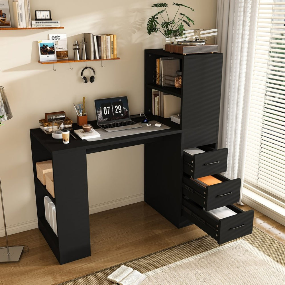 English Elm Black Wooden Computer Desk with 3 Drawers 4 Shelves and Built-in Charging Socket W2700P507210