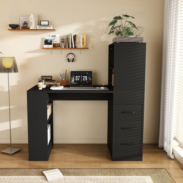 English Elm Black Wooden Computer Desk with 3 Drawers 4 Shelves and Built-in Charging Socket W2700P507210