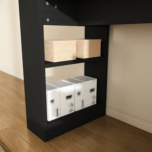 English Elm Black Wooden Computer Desk with 3 Drawers 4 Shelves and Built-in Charging Socket W2700P507210