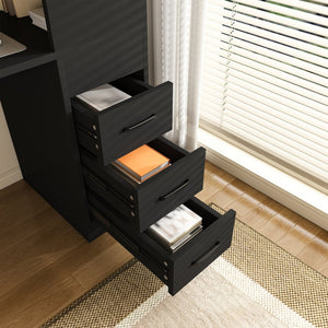 English Elm Black Wooden Computer Desk with 3 Drawers 4 Shelves and Built-in Charging Socket W2700P507210