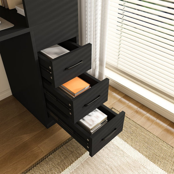 English Elm Black Wooden Computer Desk with 3 Drawers 4 Shelves and Built-in Charging Socket W2700P507210