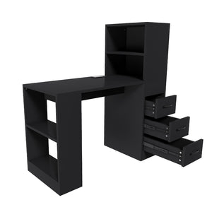 English Elm Black Wooden Computer Desk with 3 Drawers 4 Shelves and Built-in Charging Socket W2700P507210