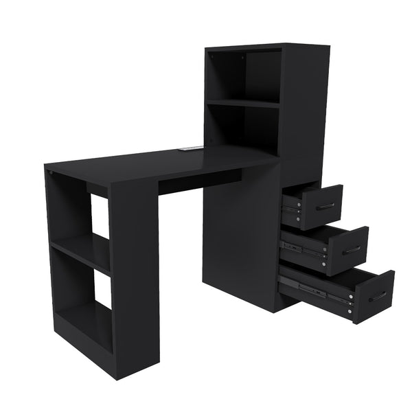 English Elm Black Wooden Computer Desk with 3 Drawers 4 Shelves and Built-in Charging Socket W2700P507210