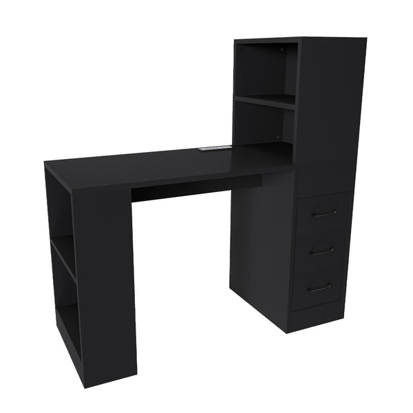 English Elm Black Wooden Computer Desk with 3 Drawers 4 Shelves and Built-in Charging Socket W2700P507210