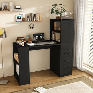English Elm Black Wooden Computer Desk with 3 Drawers 4 Shelves and Built-in Charging Socket W2700P507210