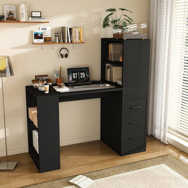 English Elm Black Wooden Computer Desk with 3 Drawers 4 Shelves and Built-in Charging Socket W2700P507210