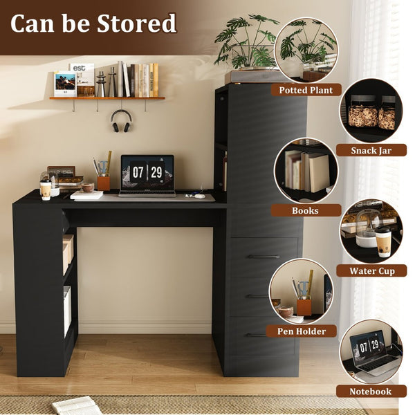 English Elm Black Wooden Computer Desk with 3 Drawers 4 Shelves and Built-in Charging Socket W2700P507210
