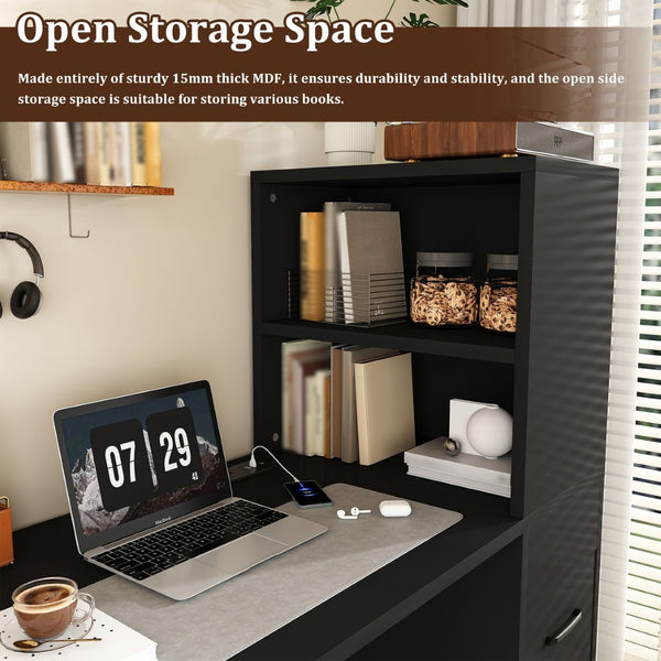 English Elm Black Wooden Computer Desk with 3 Drawers 4 Shelves and Built-in Charging Socket W2700P507210