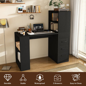 English Elm Black Wooden Computer Desk with 3 Drawers 4 Shelves and Built-in Charging Socket W2700P507210