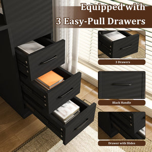 English Elm Black Wooden Computer Desk with 3 Drawers 4 Shelves and Built-in Charging Socket W2700P507210