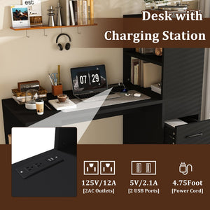 English Elm Black Wooden Computer Desk with 3 Drawers 4 Shelves and Built-in Charging Socket W2700P507210