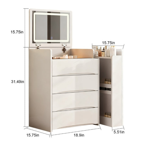 English Elm 3-In-1 Flip Mirror Vanity with LED Lighting Sliding Tray and Stool for Bedroom White W2700P507211