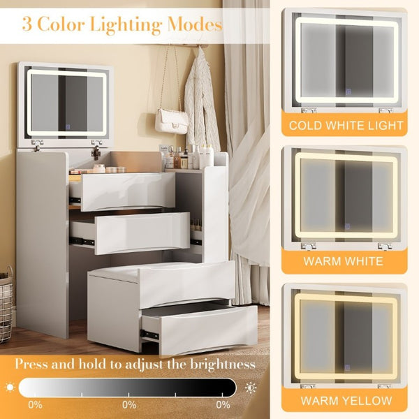 English Elm 3-In-1 Flip Mirror Vanity with LED Lighting Sliding Tray and Stool for Bedroom White W2700P507211