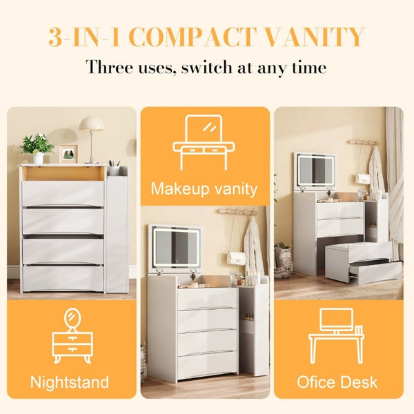 English Elm 3-In-1 Flip Mirror Vanity with LED Lighting Sliding Tray and Stool for Bedroom White W2700P507211