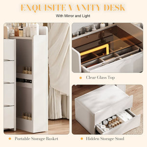 English Elm 3-In-1 Flip Mirror Vanity with LED Lighting Sliding Tray and Stool for Bedroom White W2700P507211