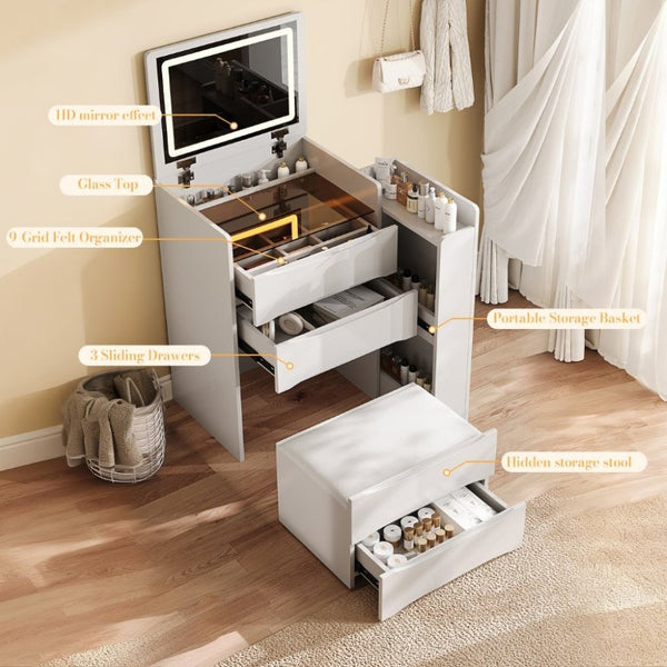 English Elm 3-In-1 Flip Mirror Vanity with LED Lighting Sliding Tray and Stool for Bedroom White W2700P507211