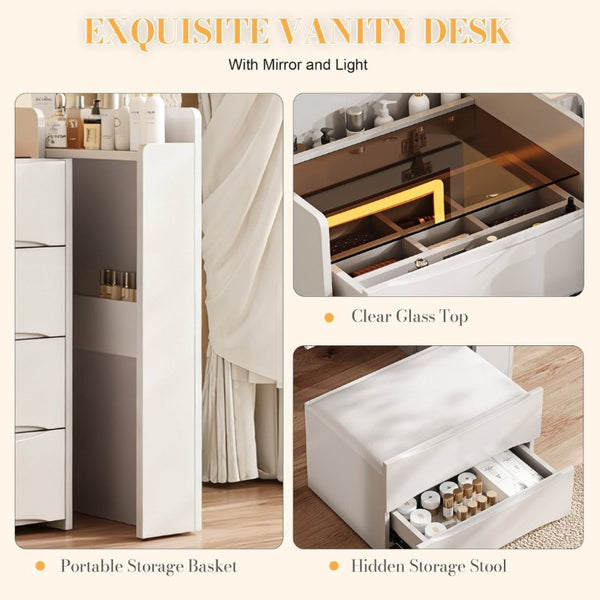 English Elm 3-In-1 Flip Mirror Vanity with LED Lighting Sliding Tray and Stool for Bedroom White W2700P507211