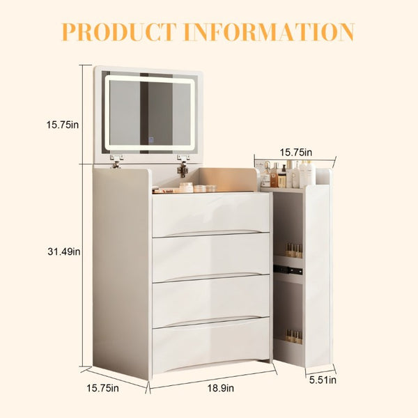 English Elm 3-In-1 Flip Mirror Vanity with LED Lighting Sliding Tray and Stool for Bedroom White W2700P507211
