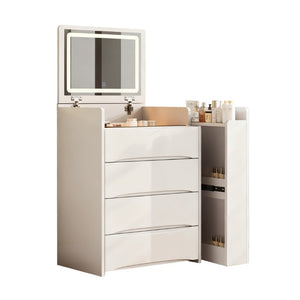 English Elm 3-In-1 Flip Mirror Vanity with LED Lighting Sliding Tray and Stool for Bedroom White W2700P507211