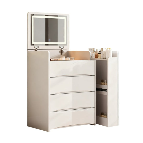 English Elm 3-In-1 Flip Mirror Vanity with LED Lighting Sliding Tray and Stool for Bedroom White W2700P507211