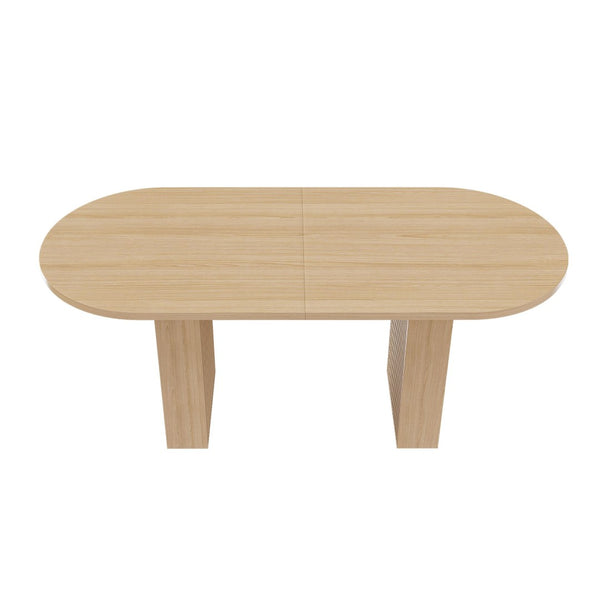 English Elm Oval Farmhouse Dining Table Seats Six with Sculptural Wood Strip Pedestal Base W2700P507214